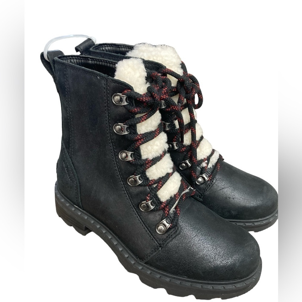 Sorel Lennox Shearling Lace Waterproof Leather Winter Boots Size 6 Black/Red